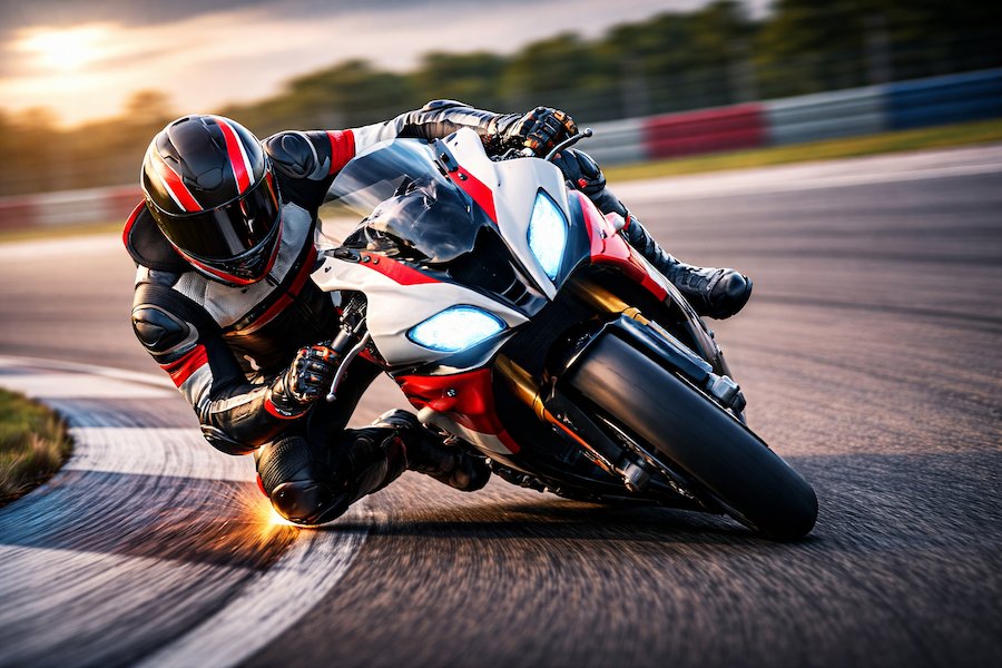 Motorcykelförare lutar kraftigt i en kurva under bankörning på racerbana, med tydlig fartkänsla och låg kameravinkel.